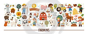 Vector farm horizontal set with farmers and animals. Rural country card template or local market design for banners, invitations.