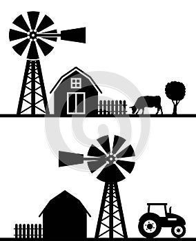 Vector farm landscape silhouette with fence, barn, windmill, cow and tractor