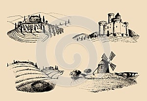 Vector farm landscapes illustrations set. Sketches of castle, villa, windmill etc in fields. Hand drawn countryside.