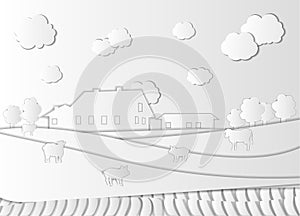 Vector Farm, Paper Art Style, Farm House, Animals, Field and Cloudy Sky, Cutout Paper Pieces.