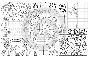 Vector on the farm placemat for kids. Country farm printable activity mat with maze, tic tac toe charts, connect the dots, find