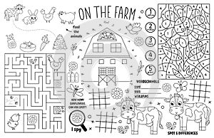 Vector on the farm placemat for kids. Country farm printable activity mat with maze, tic tac toe charts, connect the dots, find