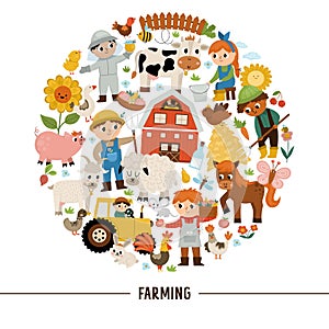 Vector farm round frame with farmers and animals. Rural country card template or local market design for banners, invitations.