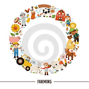 Vector farm round frame with farmers and animals. Rural country card template or local market design for banners, invitations.