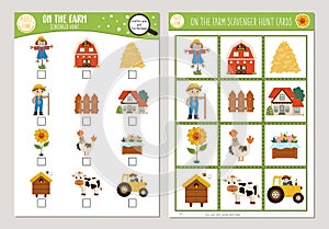 Vector on the farm scavenger hunt cards set. Seek and find game with cute barn, farmer, cow for kids. Rural countryside searching