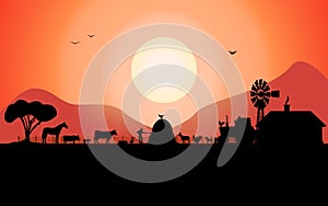 Vector farm silhouette with a ranch animals
