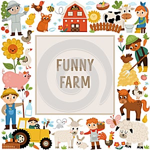 Vector farm square frame with farmers and animals. Rural country card template or local market design for banners, invitations.