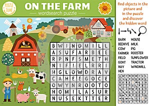 Vector on the farm wordsearch puzzle for kids. Simple farm word search quiz with rural country landscape. Educational activity photo