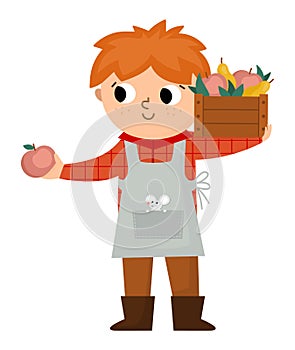 Vector farmer standing with harvest in the wooden box. Cute kid doing agricultural work icon. Rural country character. Child