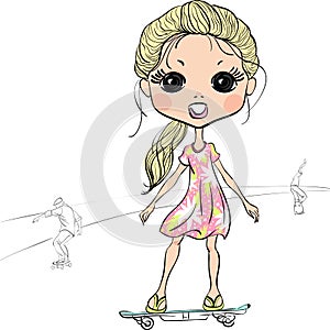 Vector fashion beautiful girl on the skateboard