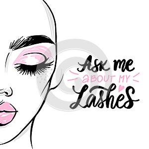 Vector fashion card with lashes quote and woman portrait with plump lips, black brows and pink makeup