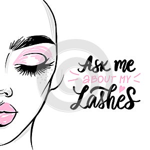 Vector fashion card with lashes quote and woman portrait with plump lips, black brows and pink makeup photo