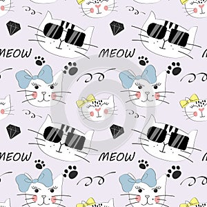 Vector fashion cat seamless pattern. Cute kitten illustration in sketch style