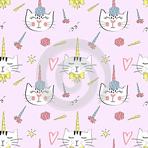 Vector fashion cat seamless pattern. Cute kitten illustration in sketch style