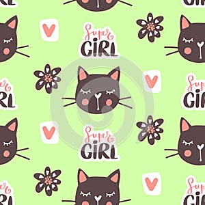 Vector fashion cat seamless pattern. Cute kitten illustration in sketch style.