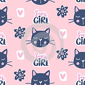 Vector fashion cat seamless pattern. Cute kitten illustration in sketch style.