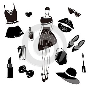 Vector fashion collection,set. Girls stylish accessory, cosmetic, woman stuff. Dress, bag,lipstick,sunglass,hat, underwear, hair a