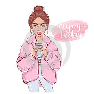 Vector fashion girl. Hand drawn cute girl with cup of coffee in her hands.