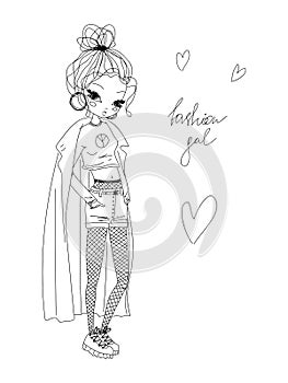 Vector fashion girl linear illustration. black and white fashion girl hand drawn in line art wearing stylish clothes, fashion gal.