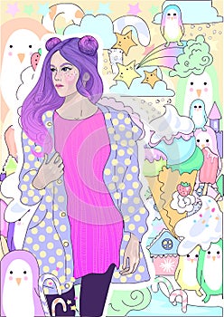Vector fashion girl with pink hair in a warm jacket on a background of ice cream , winter and penguins photo