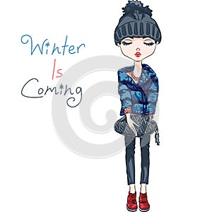 Vector fashion girl in winter clothes