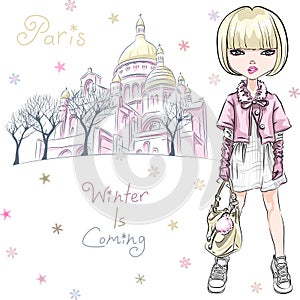 Vector fashion girl in winter clothes in Paris