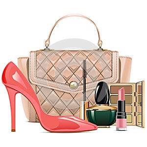 Vector Fashion Handbag with Makeup Cosmetics photo