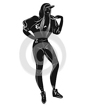 Vector fashion illustration girl sport black and white isolated on white background for advertising