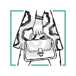 Vector fashion illustration of a girl in a trendy flared skirt with an abstract pattern and a small handbag in her hand. Casual