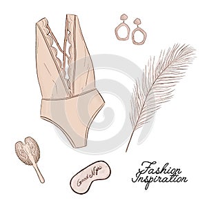 Vector fashion illustration. Lingery set, angels brush, feather and face mask - glamour sketch. Flatlay sexual hand drawn elements