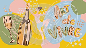 Vector fashion illustration set of cartoon ballerina, a bottle of champagne and a glass. Art de Vivre. In brown, cyan and pink photo