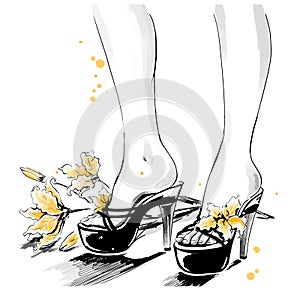 Vector fashion illustration for a shoe store. Legs of girl