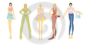 Vector fashion illustrations of group of model women, wearing trendy clothes.