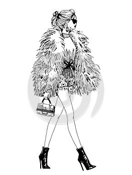 vector fashion model illustration fashion girl runway sketch ink pen drawing with top model wearing trendy designer clothes