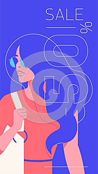 Vector fashion portrait of a model girl. trendy coral color stories template. Sale Banner 50 percent Off