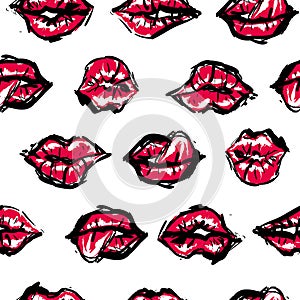 Vector fashion sketch. Hand drawn graphic kiss, red lip