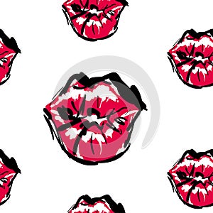 Vector fashion sketch. Hand drawn graphic kiss, red lip