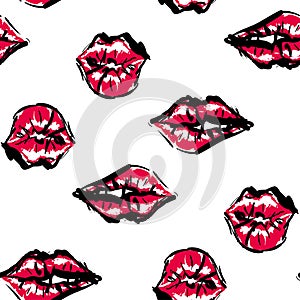 Vector fashion sketch. Hand drawn graphic kiss, red lip, lip, eye. Contrasty glamour fashion seamless pattern. Isolated elements o