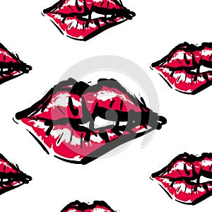 Vector fashion sketch. Hand drawn graphic kiss, red lip, lip, eye. Contrasty glamour fashion seamless pattern. Isolated elements o