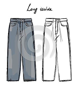 Vector fashion sketch of jeans long wide fit. sketch of trendy trousers. Fashion illustration.