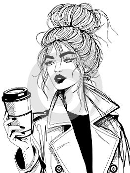 vector fashion woman with coffee to go cup drawing, black and white fashionable illustration with stylish girl wearing trench coat
