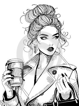 vector fashion woman line art illustration coffee to go cup ink pen drawing, fashion girl illustration hair bun linear hair art