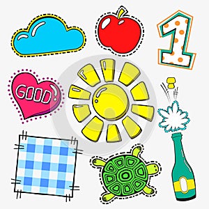 Vector fasion patch set on white background. Cartoon pin with sun, apple, one, turtle, heart, good.