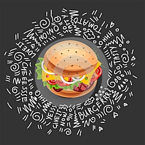 Vector Fast food Burger Icon, isolated on black background. Junk Food Burger with cheese, meat, greens. Delishious