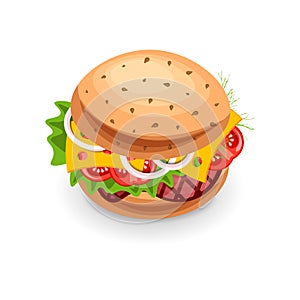 Vector Fast food Burger Icon, isolated on white background. Junk Food Burger with cheese, meat, greens. Delishious