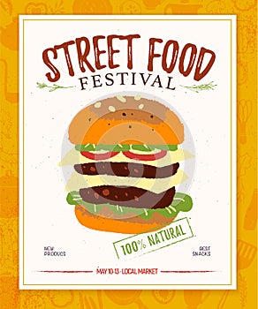 Vector fast food festival poster, placard, banner, advertising, flayer with food truck and farmer illustration template.