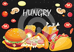 vector fast food menu poster illustration with black background