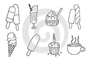 Vector Fast Food set doodle illustrations icons food delivery black line minimalistic simple for website graphic design