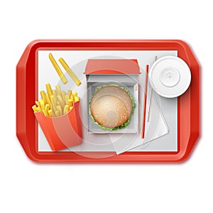Vector Fast Food Set of Realistic Hamburger Classic Burger Potatoes French Fries in Red Package Box Blank Cardboard Cup for Soft