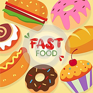 Vector fast food set template with unhealthy junk food for menu banner burger, donuts, cupcake, hot dog bun